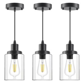 Industrial Pendant Lights, Modern Clear Glass Shade Pendant Lighting, Black Pendant Light Fixtures Ceiling Light, Farmhouse Pendant Lighting for Kitchen Island Hallway Porch Corridor Bedroom, 3-Pack