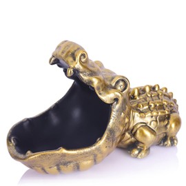 Alligator Candy Bowl,Alligator Statue Key Bowl Fun Animal Statue Candy Dish For Entryway Decorative Bowl,Candy Dish For Office Desk,Big Mouth Sculpture Weird Animal Hippo Candy Bowl (Alligator-Gold)