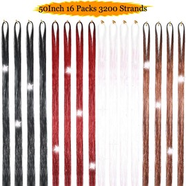 Hair Tinsel 50inch 16packs 3200 Strands Black Red Brown White Tinsel Hair Extensions Shiny Hair Accessories Sparkling Fairy Glitter Hair Extension for Women Girls Kids(50",Multi-Color 1)