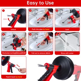 Drain Snake Hair Drain Clog Remover,SEVVETROOL Plumbing Drain Auger Snake Drill Attachment Toilet Snake for Bathroom Kitchen Tub Shower Drain Clog Remover with Gloves(33ft/10M)