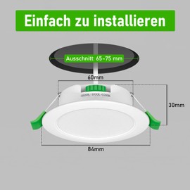 Jaenmsa LED Spotlights, 230 V, Recessed Spotlights, LED, 7 W, 65-75 mm Installation Diameter, IP44, Dimmable, LED Ceiling Spotlights, Flat Warm White, 3000 K, Neutral White, 4000 K, Cool White, 6500 K