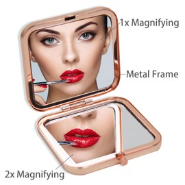 Ximruyuv Small Compact Mirror, Rosegold Square 2.8”×2.8” DropRubber Style Double Sided Mini Magnifying 1X/2X Mirror for Purse Can be Used as Gifts for Woman (Current02)