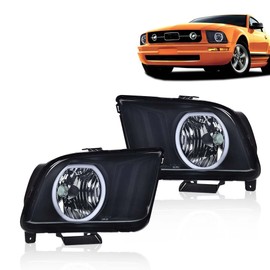 PIT66 LED Headlights, Compatible with 2005-2009 Ford Mustang Headlamp Driver & Passenger Side, Smoky Lens Black Housing Headlight Assembly