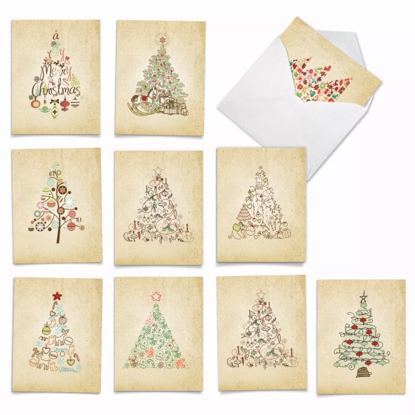 Nobleworks 10 Assorted Merry Christmas Note Cards Pack - Retro