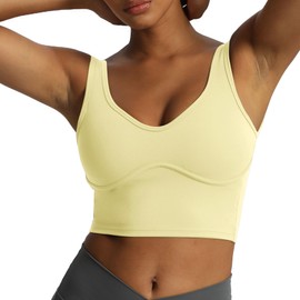 Aoxjox Women's Workout Brooke Tank Crop Curve Longline Fitness Sports Bras Training Gym Bra Yoga (Pastel Yellow, Small)