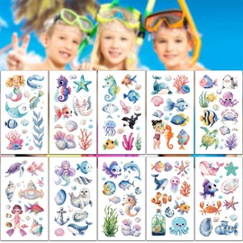 GGUFAY Meerestiere Glitzer Tattoo Set Kinder,10 Blätter Temporäre Tattoo Set, Leuchtende Tattoos für Kinder, Geburtstag Deko Party, Jungen und Mädchen Geburtstag Party Geschenk Dekorationen