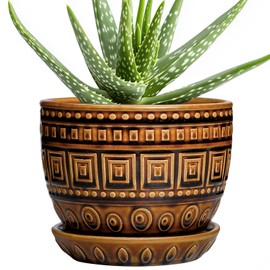 G EPGardening Succulent Pot 5.5 Inch - Ceramic Plant Pot for Indoor Plants Outdoor, Round Boho Planter with Drainage Hole and Saucer, Gifts for Plant Lovers, Office Home Garden Decor, Brown
