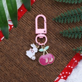 SHTALHST Rabbit Keychain with Pink Cherry Charm,Cute Bunny Keychain for Women Girlfriend Friend