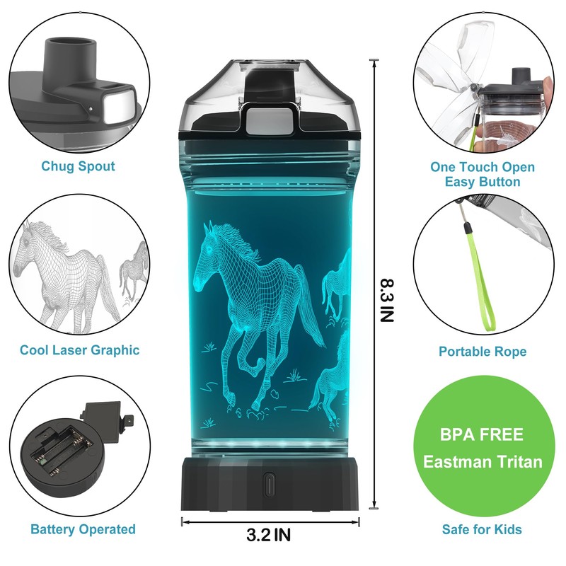 Kids Water Bottle, Horse-themed Light-Up Sport Cup with 3D Glowing