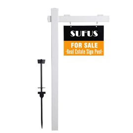 SUFUS Vinyl PVC Real Estate Sign Post 6' Tall (4"x 4"x 72"), Realtor Yard Sign Post with Flat Cap for Open House and Home for Sale, 47" Arm Holds Up to 36" Sign, White (No Sign)