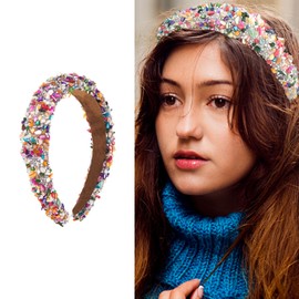 3 Colours Rhinestone Headbands, Glittering Crystal Headbands, Baroque Boho Jewellery Headband, Wide Hair Band, Glitter Padded Fashion Headband, Glittering Faux Diamond Headband (Rainbow)