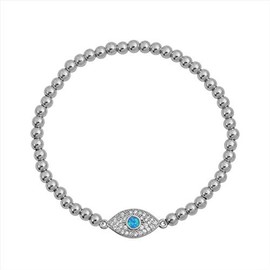 Edforce Stainless Steel Women Evil Eye Ball chain Elastic bracelet with CZ Cubic Zirconia (Opal Silver)