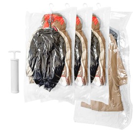 Hanging Vacuum Storage Bags, GQC 4 PCS Space-saving Vacuum Bag for Clothes, Suits, Dresses, Coats or Jackets, Clear & Reusable Closet Organizer with Hand Pump(1 Long 145x70cm & 3 Short 105x70cm)