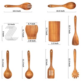Teak Wooden Spoons for Cooking - 9 Pcs Comfort Grip Kitchen Utensil Set with Holder & Rest