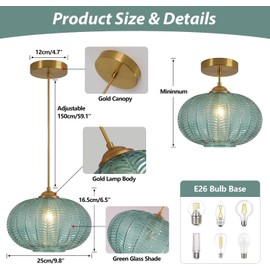 KCO Lighting Green Glass Chandelier Vintage Gold Pendant Light Large Green Ribbed Ceiling Light Antique Brass Hanging Light Mid Century Modern Pendant Lights Kitchen Island