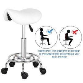 PU Leather Hydraulic Rolling Saddle Stool with Foot Rest,Swivel Height Adjustment Medical for Tattoo Massage Facial Spa Office Kitchen Drafting Chair Stool (White)