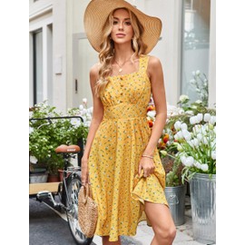 Belle Poque Vintage Dress for Women Midi Swing Fit and Flare Dress 2025 Summer Yellow Floral Sundress L