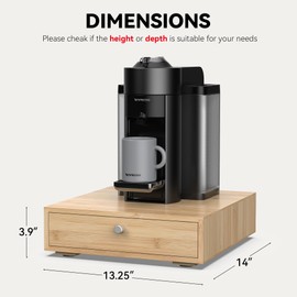 WELL WENG for Nespresso Vertuo Capsules (NV145) - Premium Bamboo Coffee Pod Drawer, 45 Big or 60 Small Vertuoline Pods Organizer - 13.25"Wx14"Dx3.9"H (Natural)