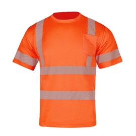 FONIRRA Hi Vis Safety T Shirt for Men Class 3 ANSI Reflective High Visibility Short Sleeves Work Shirt (Orange,L)