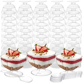 Hacaroa 50 Pack Plastic Dessert Cups Short Stem Cups with Spoons, 4 Oz Mini Parfait Appetizer Cup, Clear Disposable Ice Cream Bowls Mousse Cups for Party, Wedding, Picnic