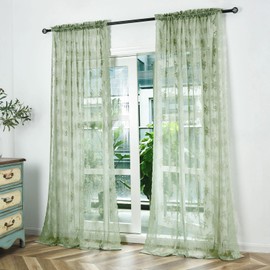 Kotile Green Lace Curtains 63 Inch Length 2 Panels, Country Rustic Floral Design Spring Sheer Curtains for Bedroom, Rod Pocket Privacy Sage Sheer Lace Curtains, 42 x 63 Inch Each, Sage Green