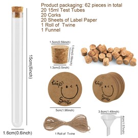 OFFCUP Plastic Test Tubes, 20pcs Test Tubes with Cork Stoppers, 16 x 150mm Clear Test Bottle,Test Tubes With Lids for DIY Craft, Laboratory, Candy, Birthday Party.