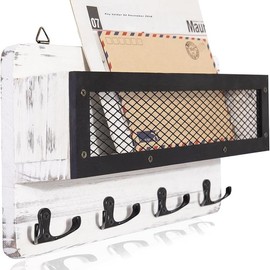 Mail and Key Holder for Wall Decor, Wooden Wall Key Holder Organizer with 4 Dual Key Hooks - Color: White