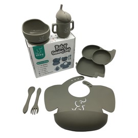 PAPU BABY Set de Alimentación Elefante 6 piezas- Babero, Plato, Bowl, Vaso, Cuchara y Tenedor 100% de Silicón Grado Alimenticio. Libre de BPA. (Gris Oxford)