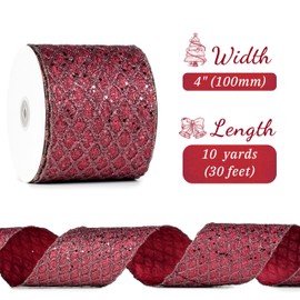 LIZLOVESS Burgundy Christmas Ribbon 4" Glitter Mesh Wired Ribbon for Christmas Tree Maroon Diamond Honeycomb Ribbon for Gift Wrapping, Crafts, Wreath Supplies, Garland, Tree Topper Bows - 10 Yards