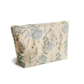 Jolitee Hydrangea Floral Makeup Bag - Durable & Portable Travel Cosmetic Organizer with Zipper, Embroidered, Toiletry Bag for Women & Girls (Hydrangea Makeup Bag)