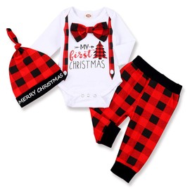 My First Christmas Newborn Girl Boy Xmas Outfits Bow Bodysuit Pants Plaid Hat Infant Christmas Clothes Set