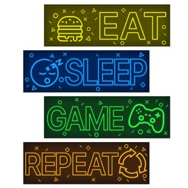 4 calcomanías de pared de neón que brillan en la oscuridad, calcomanías de pared para habitación de jugadores, calcomanías de pared para juegos de comer, dormir, repetición, juego, decoración de la