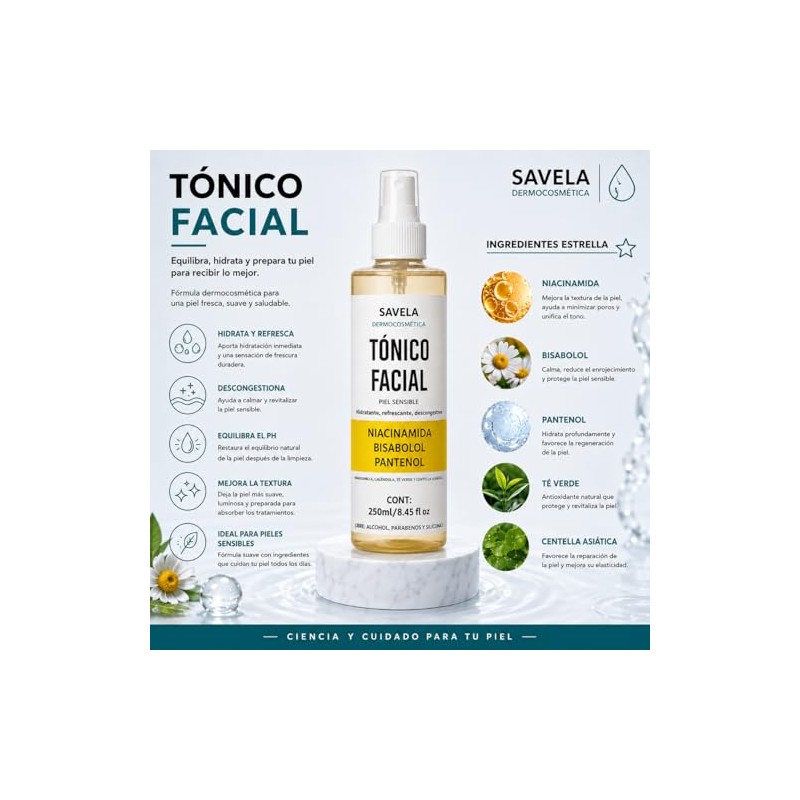 Tónico Facial Sensible, Niacinamida, Bisabolol y Pantenol 250ml, Hidratante.
