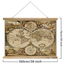 XIAOAIKA Vintage Classic World Map Wall Decor - Linen Print with Mythological Illustrations and Wooden Hanging Rods, Historical Cartography with Hemispheres, Maritime Exploration Theme 39 x 29 Inches