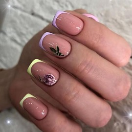 CEWEWP Short Press on Nails French Tip False Nails Square Nude Pink Fake Nails with Designs Rose Flowers Glossy Colored Full Cover Acrylic Nails Artificial Nails Tips for Women and Girls 24pcs