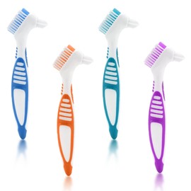 Pack of 4 Double-Sided Denture Cleaning Brushes, Ergonomic Denture Brush with Multilayer Bristles, Portable and Modern Brush for False Teeth (4 Colours)