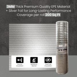 HOLNURY 3-in-1 Acoustic Premium Floor Underlayment - 200 sqft Roll - 3mm Thick EPE with Silver Foil Vapor Barrier with Tape - Moisture Barrier, Thermal Insulation, Sound Insulation (Silver Protect)