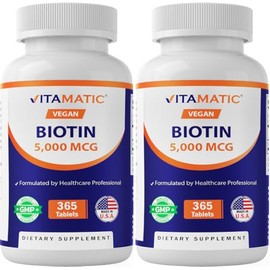 Vitamatic Biotin 5000mcg (5 mg) for Stronger Hair, Skin & Nails - 365 Vegan Tablets- Also Called Vitamin B7-2 Pack