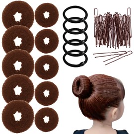 10 Pcs Hair Bun Maker - Donut Bun Maker for Hair(5 medium and 5 small),Ballet Bun for Women and Kids with Elastic Hair Ties, Hair Pins(Light Brown)