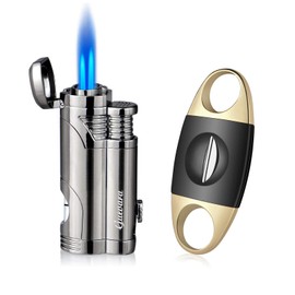 Cigar Cutter and Lighter Set - Butane Torch Lighter with Punch, Windproof Double Jet, Premium Cigar Accessories