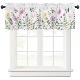 YOKOU Spring Flower Curtain Valance, Butterfly Wildflowers Watercolor Floral Print Plants Rod Pocket Window Valances for Kitchen, Bedroom, Bathroom, 1 Panel, 54" W x 18" L