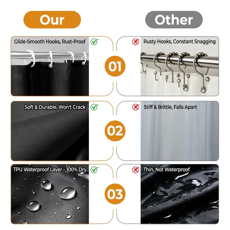 Waterproof Fabric Shower Curtain for Bathroom, 2-in-1 No Separate Inner