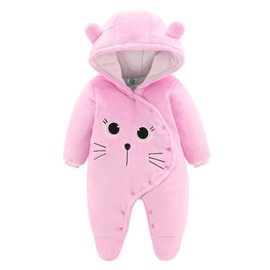 JiAmy Baby Winter Hooded Romper Fleece Snowsuit Jumpsuit Cartoon Cat Outfits, Pink, 3-6 Months