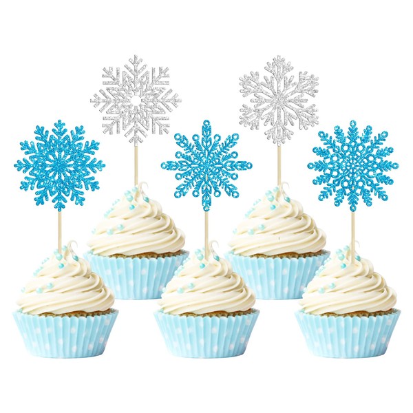30 piezas de decoración para cupcakes de copo de nieve plateado con purpurina azul para invierno, temática de congelación, baby shower, niños, cumpleaños, fiesta de Navidad, suministros de decoración de pasteles