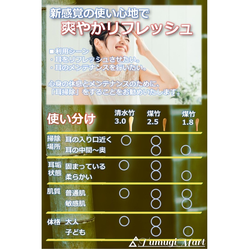 TumugiMart タケノコドウ 最高級 耳かき 竹 極細 1.8～3mm 3種類セット 煤竹 清水竹