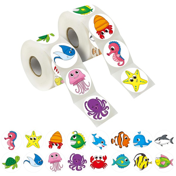 600 Adorable Round Sea Animals Stickers in 16 Designs with Perforated Line; Extended Version (1.5" Diameter Each)