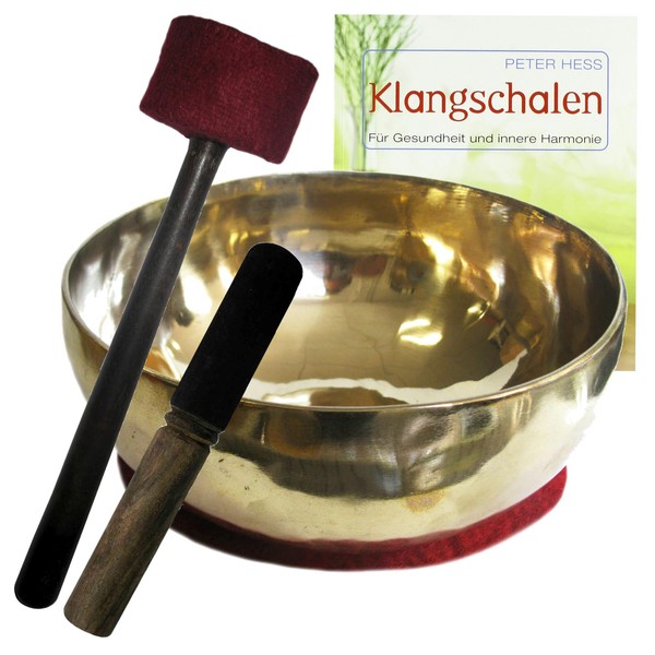 Sangha Gold Therapy Singing Bowl Approx. 600-700 g Handmade Nepal + Peter Hess Book 5-Piece Sound Massage Set + Clapper and Accessories 70060