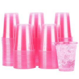 Pink Plastic Cups with Lids 12oz [50 pack] Disposable Clear Plastic Cup with Strawless Sip Lid for Iced Coffee Smoothie Cold Beverage Wine of Birthday Valentines Bachelorette Party