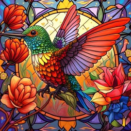 Hummingbird Diamond Painting Kits for Adults - Stained Glass Diamond Art Kits for Adults Beginner,5D DIY Full Drill Diamond Dots Paintings with Diamonds Gem Art and Crafts Home Wall Decor 14x14inch
