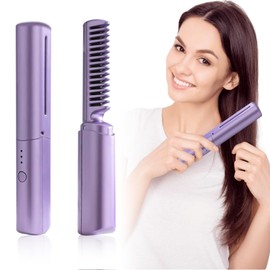 Haarglätter Bürste Mini Glätteisen, 2-in-1 Glättbürste Tragbarer kabelloser Haarglätter mit 3 Einstellbaren Temperaturen Elektrische Glättungsbürste Bartglätter Haarglätterbürste für Reise(Lila)